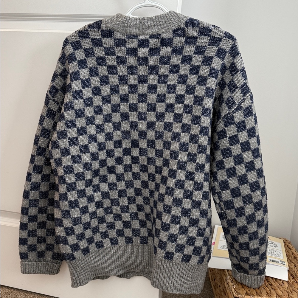 OAK + FORT Checkered Gray and Navy Cardigan - Picture 3 of 3